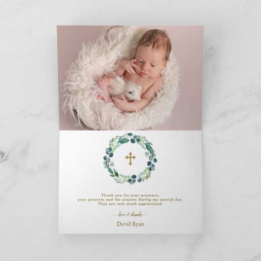 Eukalyptus Wreath Gold Foto Boy Taufe Dankeskarte (Innenseite)