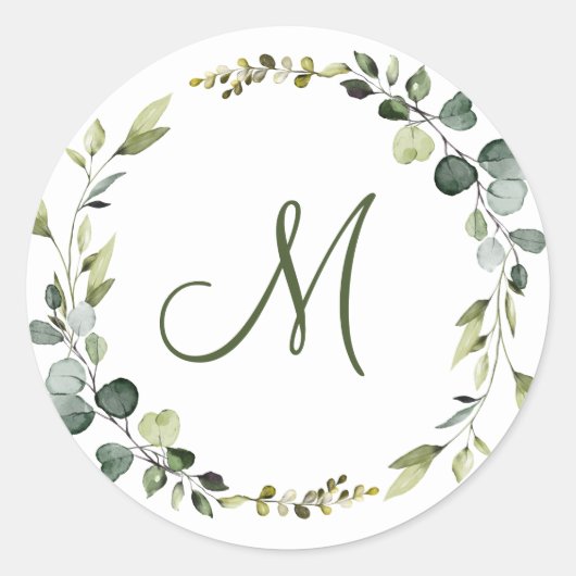 Eukalyptus Wreath MONOGRAM Boho Runder Aufkleber (Vorderseite)