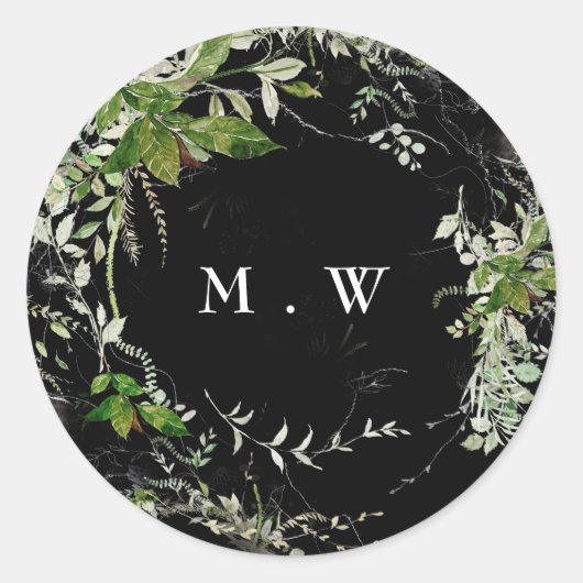Eukalyptus Wreath Monogram Premium Black Envelope Runder Aufkleber (Vorderseite)