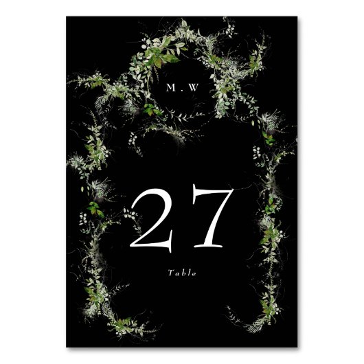 Eukalyptus Wreath Premium Black Monogram Wedding Tischnummer (Vorderseite)