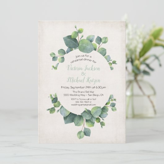 Eukalyptus Wreath Probe Abendessen Einladung (Stehend Vorderseite)