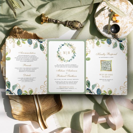 Eukalyptus Wreath QR Code Wedding Dreifach Gefaltete Einladung
