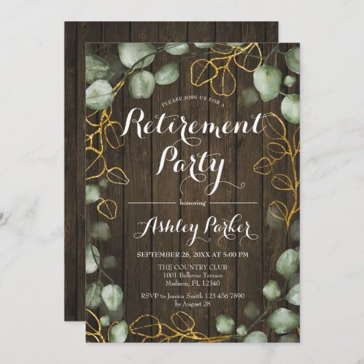 Eukalyptus Wreath Rustic Wood Retirement Party Einladung (Vorne/Hinten)
