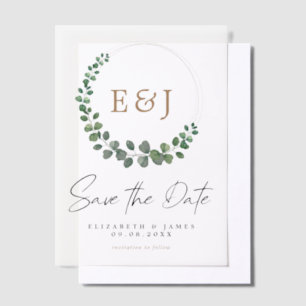 Eukalyptus Wreath Sage Green & Gold Save the Date Pergament Einladungen