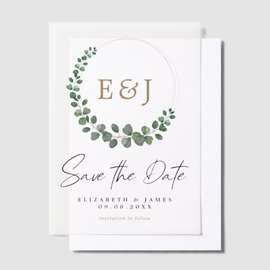 Eukalyptus Wreath Sage Green & Gold Save the Date Pergament Einladungen (Versetzt)