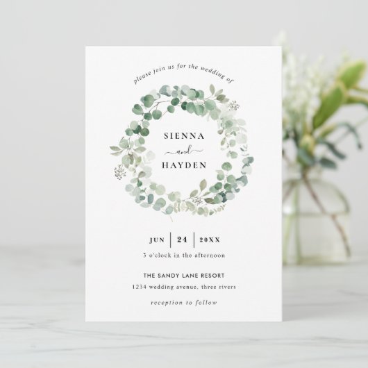 Eukalyptus Wreath Sage Green Wedding Einladung (Stehend Vorderseite)