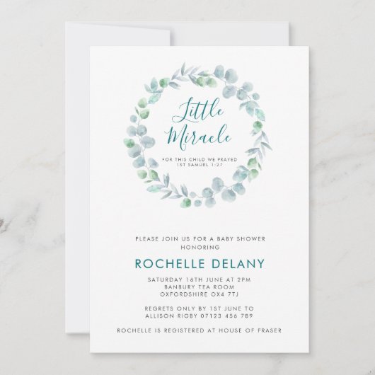 Eukalyptus Wreath Scripture Baby Shower Einladung (Vorderseite)