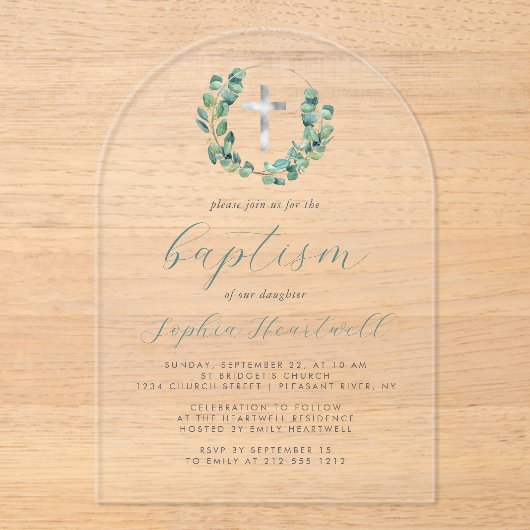 Eukalyptus Wreath Silver Cross Baptisse Acryleinladungen (Vorderseite)