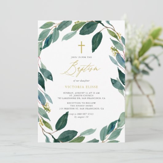 Eukalyptus-Wreath-Taufe Einladung (Stehend Vorderseite)