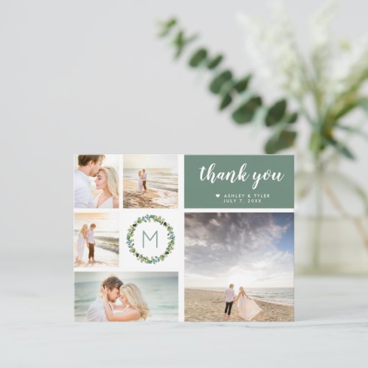 Eukalyptus Wreath Wedding Foto Collage Vielen Dank Postkarte (Stehend Vorderseite)