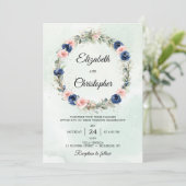 Eukalyptus Wreath Wedding Navy und Blush Einladung (Stehend Vorderseite)
