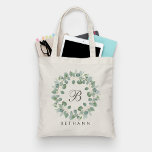 Eukalyptus Wreath Wedding Tote Bag Tragetasche<br><div class="desc">Modern Monogram Eucalyptus Wreath Wedding Tote Bag by Girly-Girl-Graphics at Zazzle: Perfect for the beautiful bride and her bridesmaids! Customize this whimically elegant, delicate, and uniquely chic, sophisticated stylish modern minimalistic rustic pastel botanical greenery pattern and fashionable script monogram initial typography wedding tote bag and share with the family and...</div>