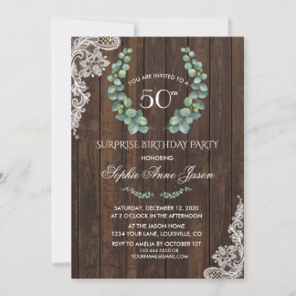 Eukalyptus Wreath Wood Lace 50. Geburtstagsparty Einladung