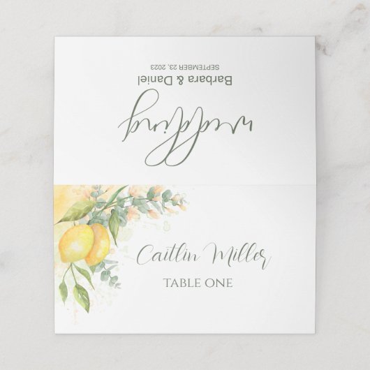 Eukalyptus-Zitronen und Gelbe Blumen Platzkarte (Außenseite Aufgefaltet)