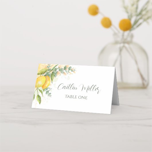 Eukalyptus-Zitronen und Gelbe Blumen Platzkarte (Vorderseite)