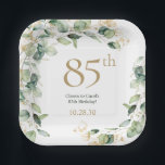 Eukalyptus zum 85. Geburtstag Pappteller<br><div class="desc">Diese exquisiten Aquarelltöne mit Goldblattverzierungen 85. Geburtstagsfeier 7" quadratische Teller sind perfekt für Ihre große Feier. Ihr sanftes Design ist modern und doch traditionell. Sie werden an Ihren Tresen, am Buffet oder an den Tischen wunderbar aussehen. Wählen Sie diese Vorlage personalisieren, um sie individuell zu Ihrem eigenen zu machen. In...</div>