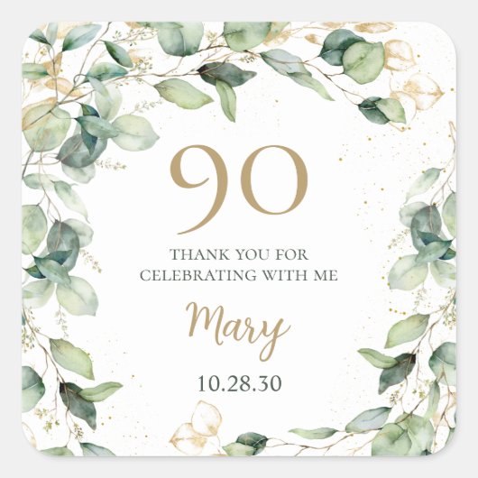 Eukalyptus zum 90. Geburtstag Vielen Dank Quadratischer Aufkleber (Vorderseite)