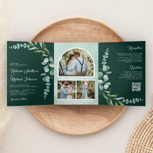 Eukalyptus-Zweig Foto QR Code Smaragd-Hochzeit Dreifach Gefaltete Einladung