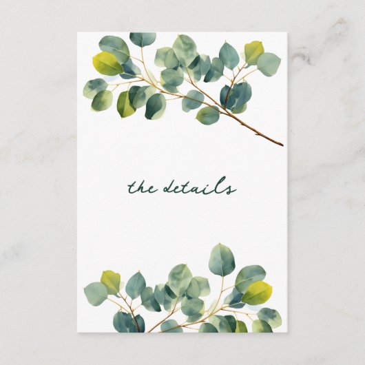 Eukalyptus-Zweig Hochzeit der Details Begleitkarte (Vorderseite)