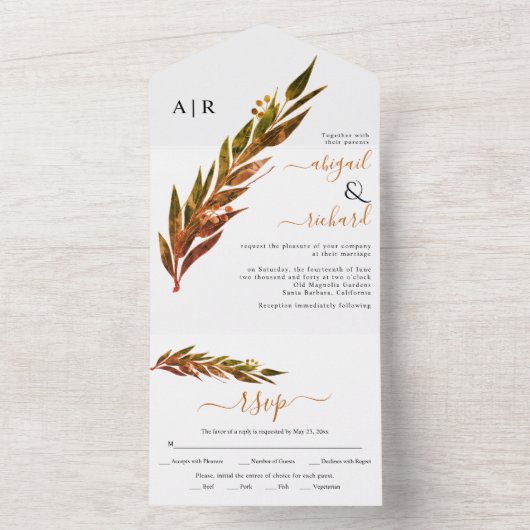 Eukalyptus-Zweig in Herbstfarben Herbsthochzeit All In One Einladung (Innen Boden)