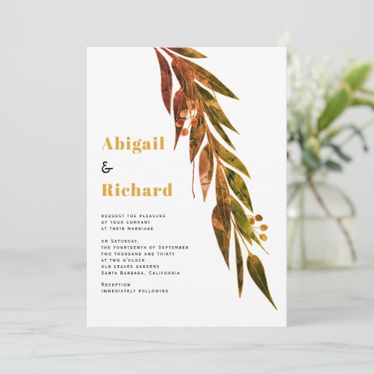 Eukalyptus-Zweig in Herbstfarben Herbsthochzeit Einladung (Stehend Vorderseite)