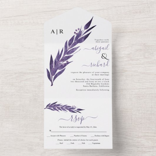 Eukalyptus Zweig lila Winterhochzeit All In One Einladung (Innen Boden)