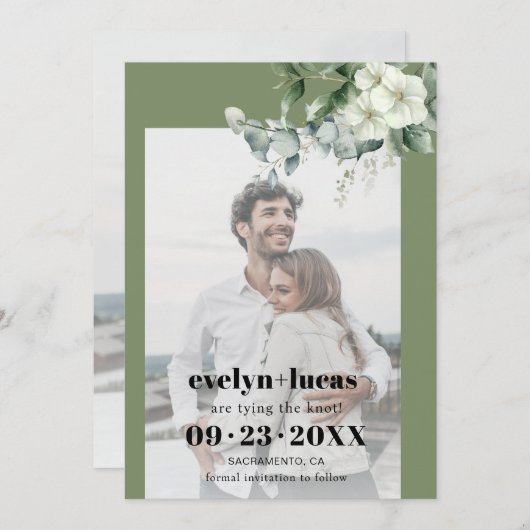 Eukalyptus-Zweig und weiße Blume Foto Hochzeit Save The Date (Vorne/Hinten)