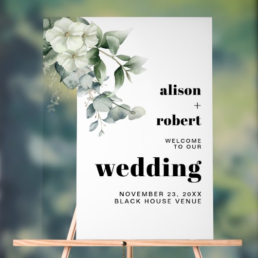 Eukalyptus Zweig, weiße Blume Hochzeit WILLKOMMEN Acrylschild (Neutral)