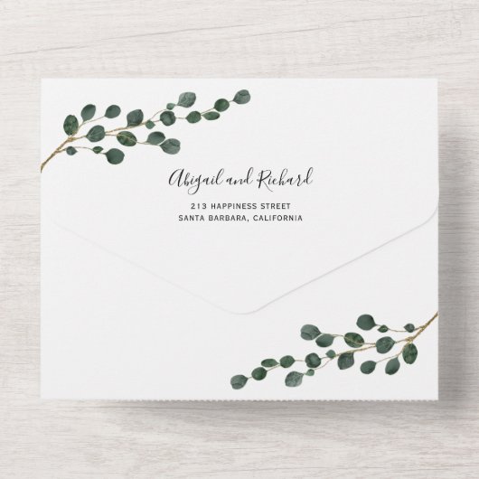 Eukalyptus-Zweig-Winterhochzeit All In One Einladung (Rückseite)