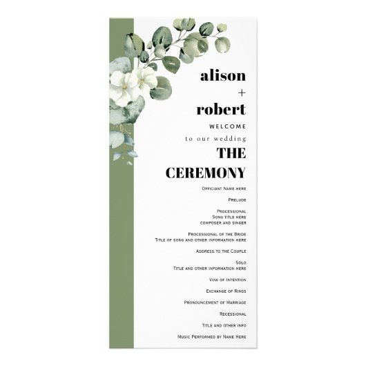 Eukalyptus-Zweigstelle und Blume Hochzeitsprogramm Werbekarte (Vorne)