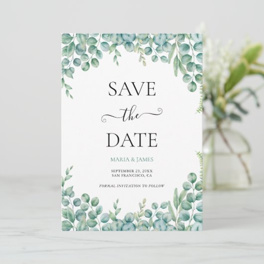 Eukalyptusblätter-Hochzeit Save The Date (Stehend Vorderseite)