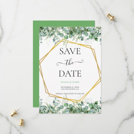 Eukalyptusblätter-Hochzeit Save The Date (Vorderseite/Rückseite Beispiel)
