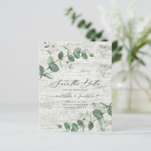 Eukalyptusblätterholz Save the Date (Stehend Vorderseite)