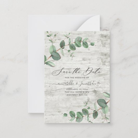 Eukalyptusblätterholz Save the Date Mitteilungskarte (Vorderseite)