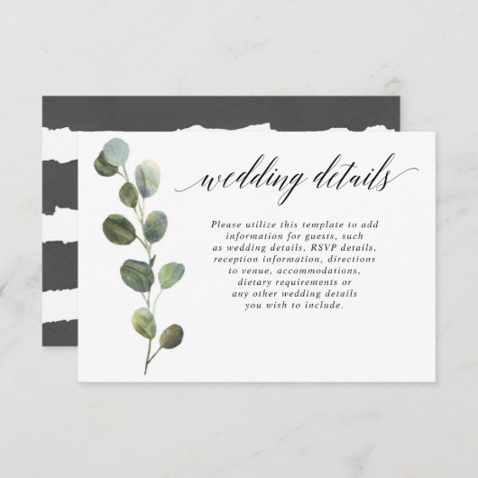 Eukalyptuseinfache Schwarzweiss-Hochzeitsdetails Begleitkarte (Vorne/Hinten)