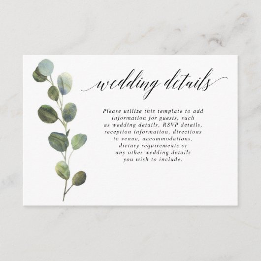 Eukalyptuseinfache Schwarzweiss-Hochzeitsdetails Begleitkarte (Vorderseite)