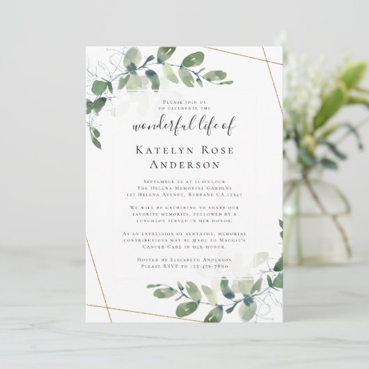 Eukalyptusfeier zur Gedenkfeier Einladung (Stehend Vorderseite)