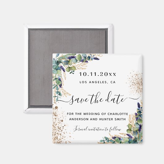 Eukalyptusgold-Glitzer Save the Date Magnet (Vorderseite/Rückseite)