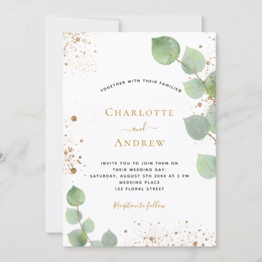 Eukalyptusgrün Hochzeitstag Glitzer Goldener Glitz Einladung (Vorderseite)