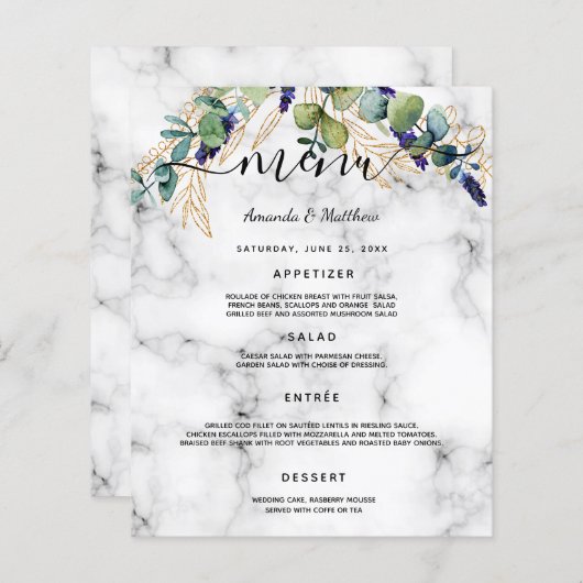 Eukalyptusgrün, Marmor, Hochzeitmenü, Gold (Vorne/Hinten)