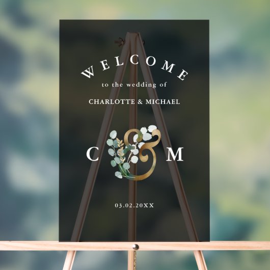 Eukalyptusgrün Monogram Gold Hochzeitsempfang Acrylschild (Neutral)