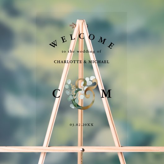 Eukalyptusgrün Monogram Gold Hochzeitsempfang Acrylschild (Neutral)