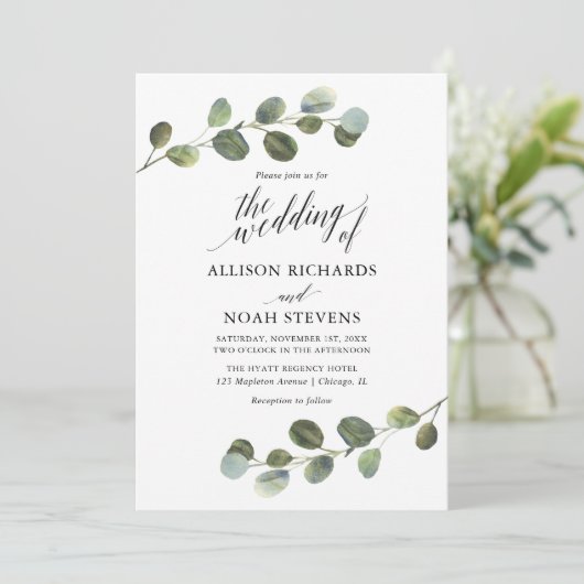 Eukalyptusgrün Schwarz-weiß, modern Einladung (Stehend Vorderseite)
