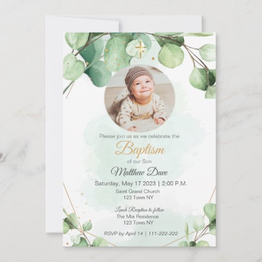 Eukalyptusgrüne Blätter Foto Taufe Einladung (Vorderseite)
