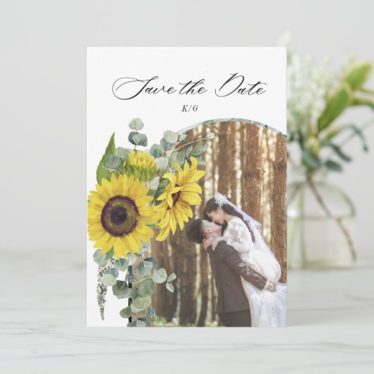 Eukalyptuskarte mit rustikaler Sonnenblume Save th Save The Date (Stehend Vorderseite)