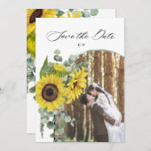 Eukalyptuskarte mit rustikaler Sonnenblume Save th Save The Date (Vorne/Hinten)