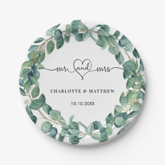Eukalyptuskranz-Hochzeit Pappteller (Vorderseite)