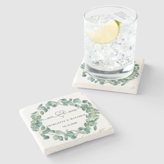 Eukalyptuskranz Hochzeitsmahl m r Save the Date Steinuntersetzer (Seitenansicht)