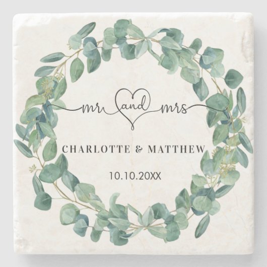 Eukalyptuskranz Hochzeitsmahl m r Save the Date Steinuntersetzer (Vorderseite)