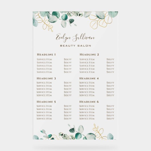 Eukalyptuspreisliste Acrylschild (Vorderseite)